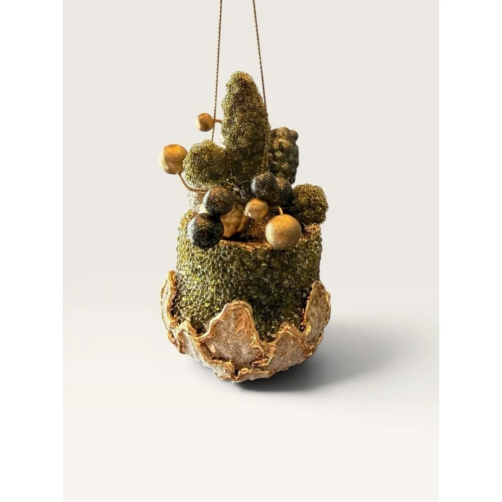Sugared Sparking Green Gold Fruit Basket Grapes Ornament 4.5
